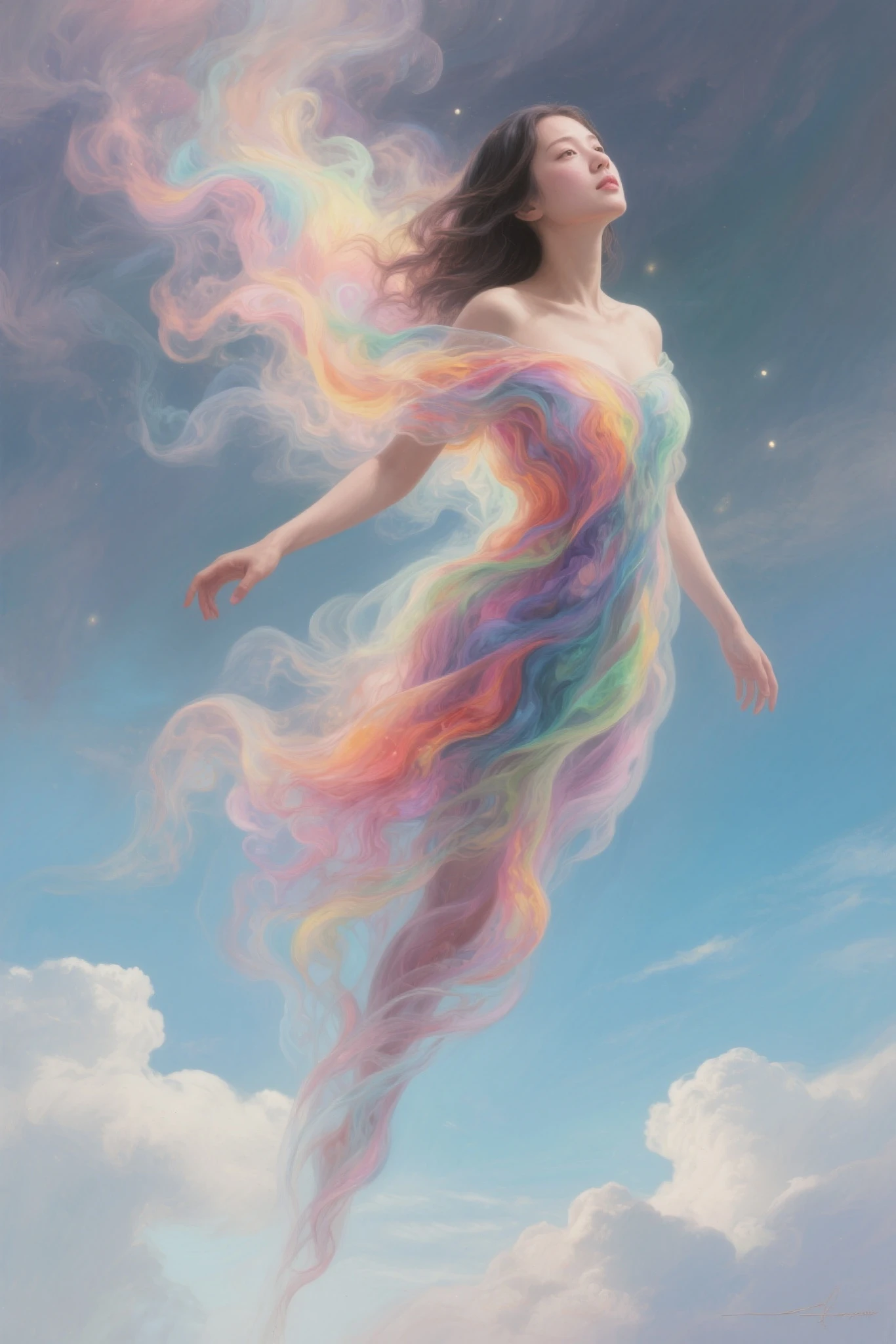 A stunningly ethereal woman, composed of a dazzling array of rainbow hues, reclines gracefully at the end of a radiant rainbow amidst the fluffy clouds in the sky. Bathed in dynamic and enchanting lighting, accentuates her vibrant, full-bodied form. Fantasy art. Masterpiece