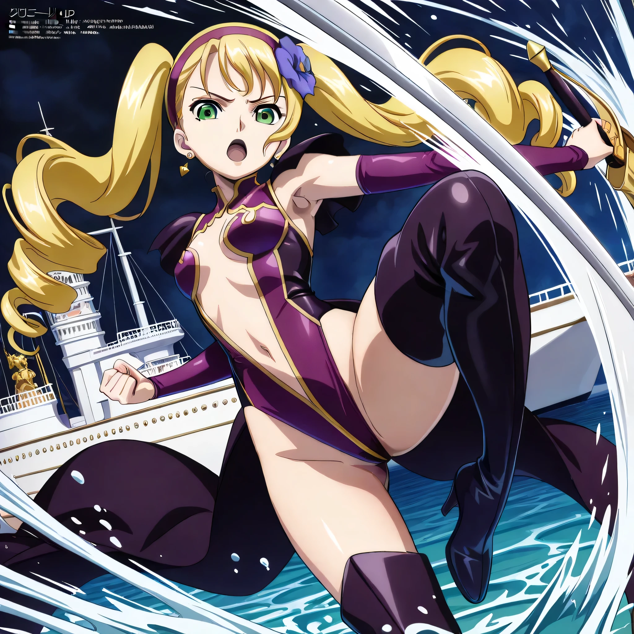masterpiece, best quality, highres, 1girl shiver, sexy gold bikini, black socks, smug grin, legs spread, full body view