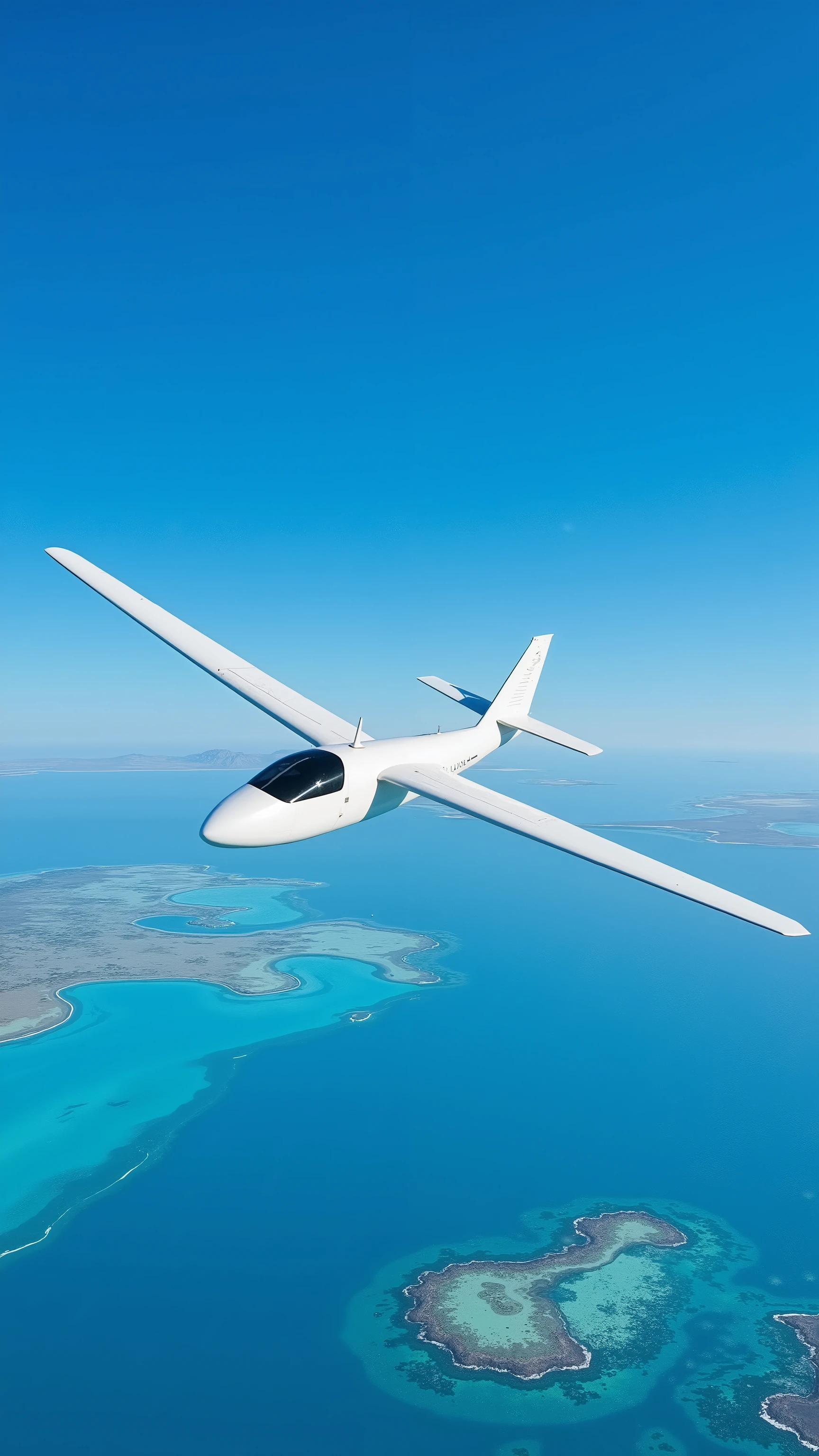 A white single-seater slim glider is flying in the blue sky、There are no propellers、Elongated aircraft、flying through clear skies 、below are the blue waters and coral reefs of the Canary Islands、high definition, accurate, very well detailed, Super Fine, Look Around, Photo style illustration effects for posters and magazines, American style propaganda poster, 80s poster style