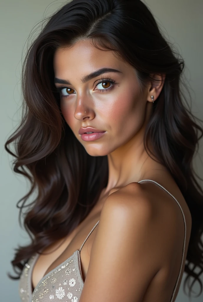 fille sexy aux yeux bruns, longs cheveux bruns et grands yeux, selfie d'une jeune femme, Yeux de chambre, sans maquillage, maquillage naturel, Tournez-vous pour regarder la caméra, corps avec Artgram, Maquillage subtil, Superbe photo du corps entier, 25 ans, corp nu