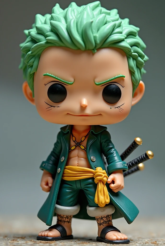 hyper realistic 4D caricature with a super big head, a young Indonesian man, a man with green hair, wearing a one peace character zoro outfit, and a pirate ship, solid gray background, smooth texture, carrying a sword, soft lighting