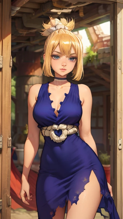 android 18, 1girl, solo, blue eyes, short hair, blonde hair, bead necklace, strapless, black shirt, blue pencil skirt, bare shoulders, medium breast, gold belt, smile, closed mouth, cowboy shot, forest, walking in lovely legs, high heels, outdoor, (insanely detailed, beautiful detailed face, masterpiece, best quality) cinematic lighting,