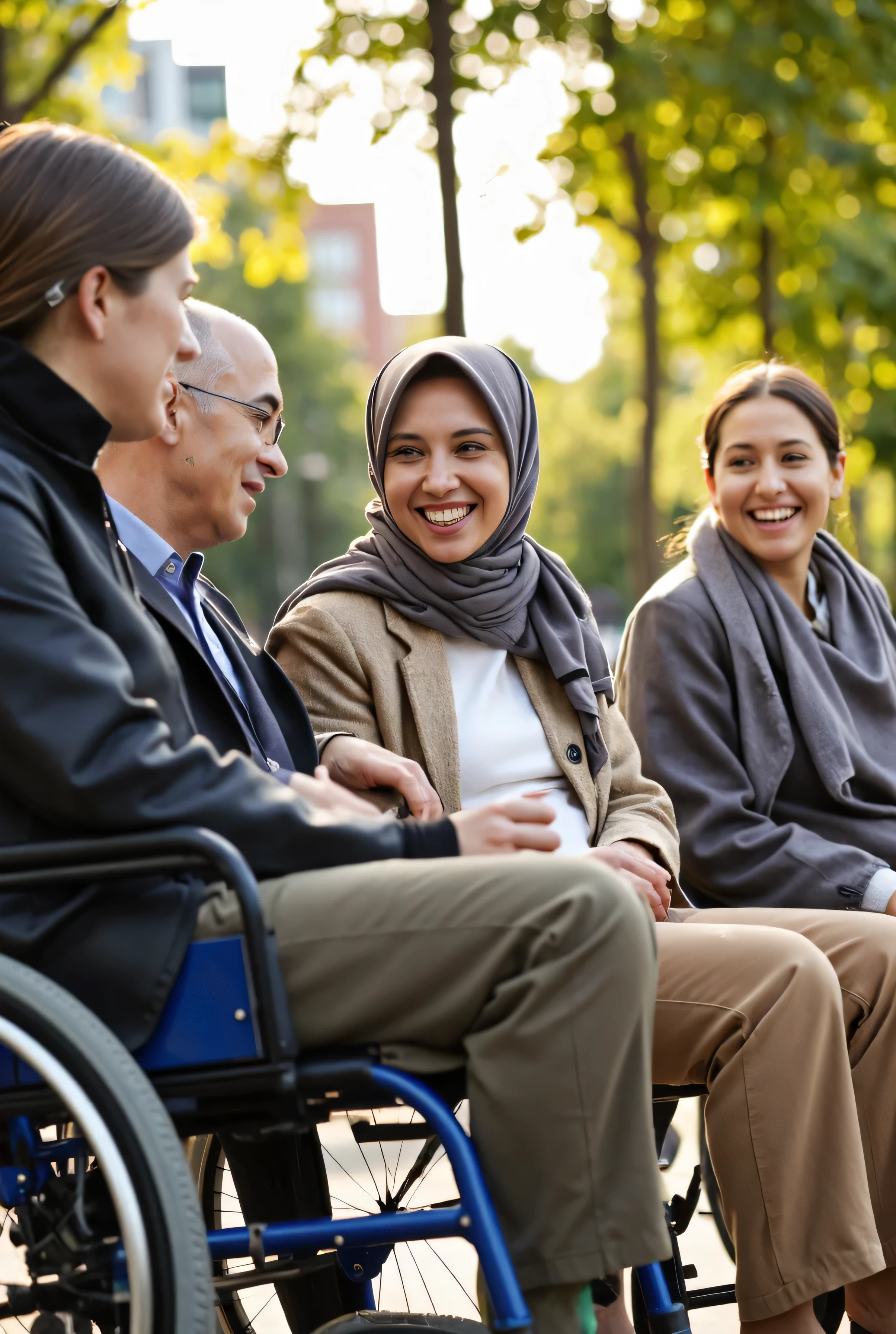 with black headscarf, white long sleeve t shirt, grey sweatpants, white socks, Sexy woman without shoes talking to men in the garden.