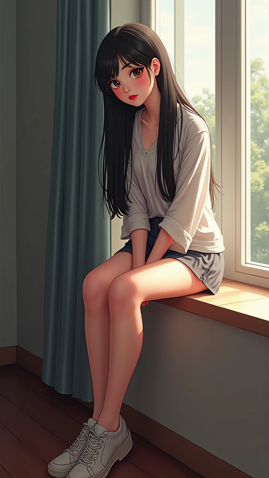 full body of a girl sitting on a couch, confortable cloth, perfect body