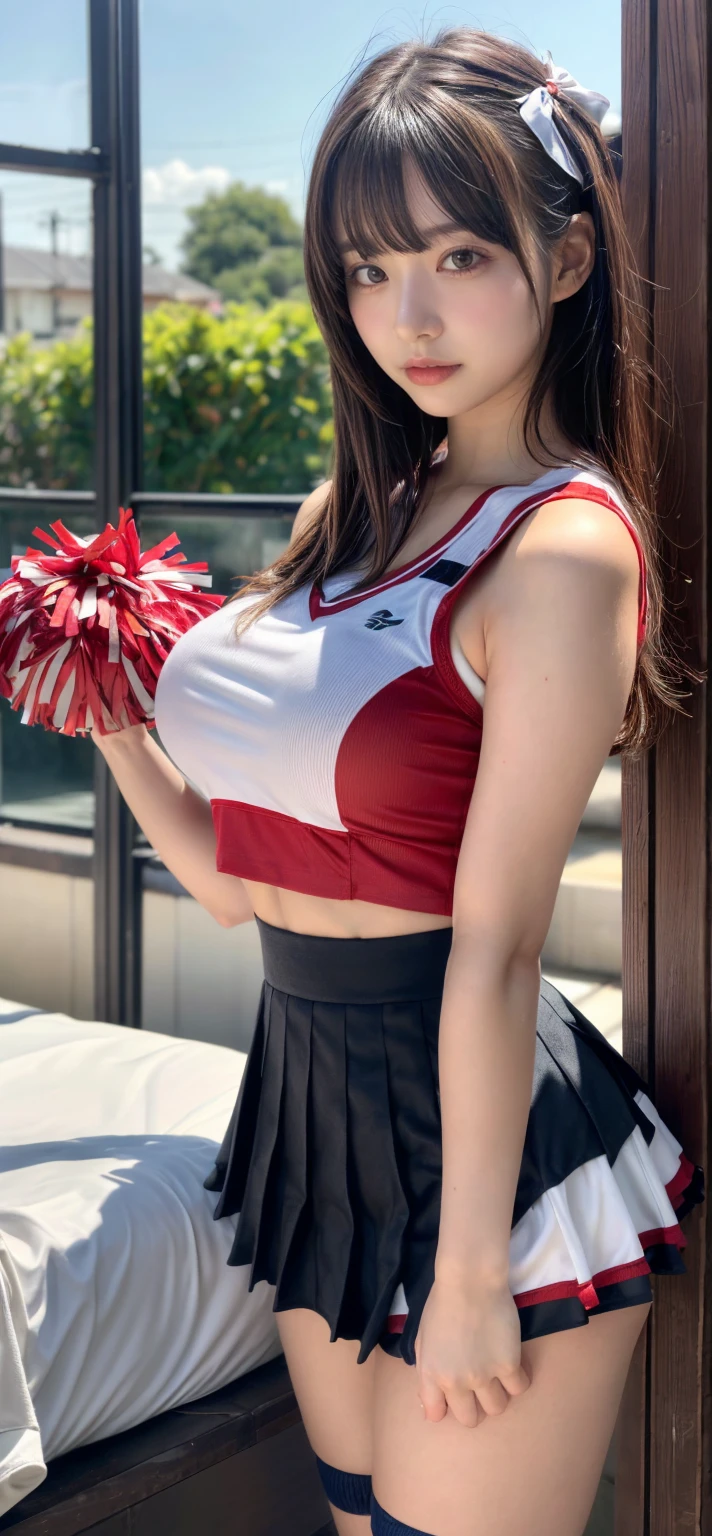 Smiling Japan beauty wearing cheergirl uniform,Full-body figure,is standing,tthin eyebrows,A dark-haired,pony tail hair,Bangs are bangs,Huge breasts,meaty legs,Sweaty