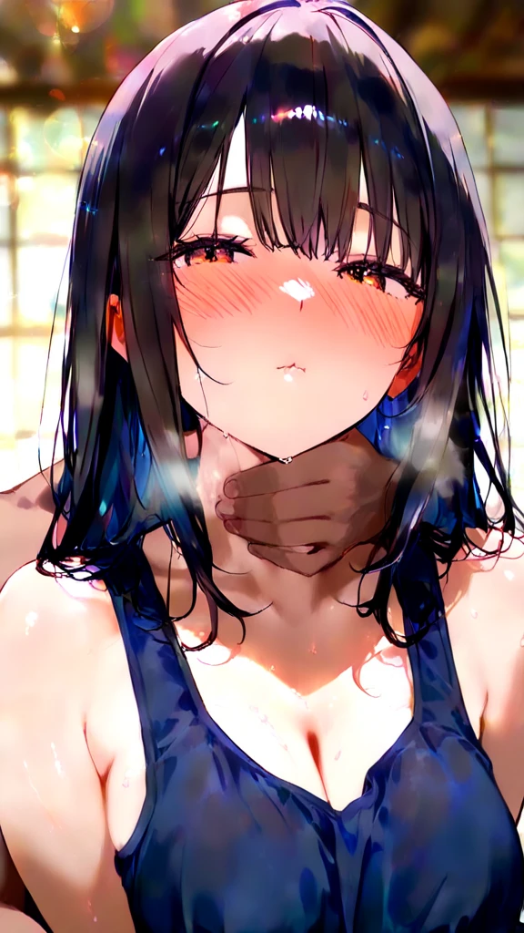 (highest quality,Cowboy shot:1.2),(perfect beautiful face:1.2),(perfect and beautiful posture:1.2),(Solo,Japanese mature woman lying on the bed,(pov_strangling:1.5),((messy short cut hair), (confused:1.3,embarrassed), shyness:1.1),((flat chest:1.5)), (Sweaty, sunburned skin),((open mouth:1.3)),Looking at viewer,bedroom,((scared expression,constricted pupils:1.3,tears)),Sexy bikini,arms up,