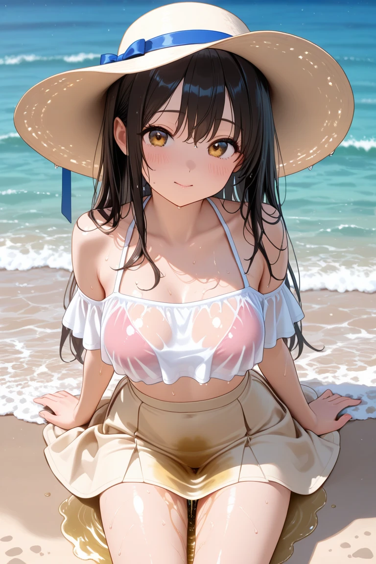 (8K、Highest quality、Highest quality、masterpiece)、Detailed face、One Girl、
(Brown Skin:1.2)、Black Hair、Long Hair、
Pink Eyes、Sweat、Grin、
(White tank top、Denim hot pants、NSFW、Cameltoe)、
Beach、cloud、
belly button、Big Breasts、