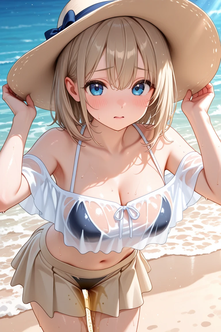 One Woman, Highest quality, masterpiece, Super Resolution, Large Breasts, Micro Bikini, Idol, Beauty, Underboob, Sideboob, Beach, from the front, Cleavage, 8k, High resolution eyes, High-resolution contours, Mature Woman, Married Woman, Adult charm, 大人のsex appeal, Forehead visible, Stylish, Sexy expression, Mother, High-resolution pupils, blush, Droopy eyes, High resolution face, Blonde, deck, sexy, High resolution breasts, Ultra HD, Open your mouth, model, Emphasize the chest, Upper Body, sex appeal, High resolution mouth, Sandy Beach, Ocean, Standing posture, Bitch, Sexy body, Super erect nipples, See-through bikini, Nipples fully visible, High resolution nipples, Erect nipples, Transparent Bikini, White Bikini, Upward nipples, Amazing erect nipples,