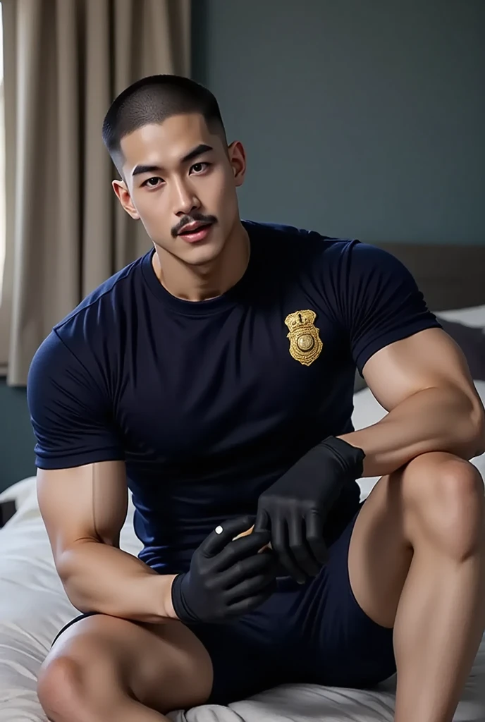 Realistic, Masterpiece, Asian handsome,Best quality, Cinematic lighting, naturalshadow, Highest detail, Professional photography, Detailed background, Depth of field, insanely details, Intricate, Aesthetic, Detailed face, Subsurface scattering, photo-realistic hair, Realistic eyes, Muscular, Masculine, Big Pectoral Muscles, Photo of a handsome man, (30 age old), bodyhair, black in color, no clothes, topless, sexy ultra thin thong, baton, police station, Hat, Dynamic pose, Office, window,The crotch is raised