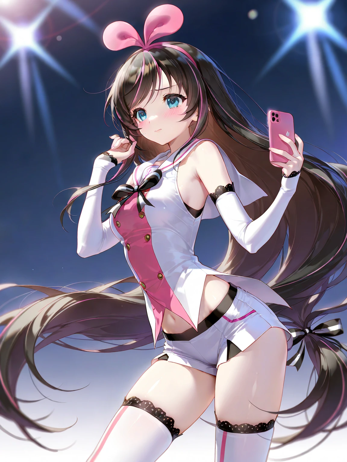 ((Masterpiece, highest quality)), detailed face, Full body, full of details, highly detailed, depth, many parts, 1girl, girl in a skirt and headphones, :3, long hair, bangs, multicolored hair, two-tone hair, gradient hair, brown hair, brown hair with pink tips, [[[[[[[[[pink hair]]]]]]]]], black bra, red skirt, pleated skirt, gloves, stockings, leg warmers, black choker, red eyes, star (symbol), symbol-shaped pupils,