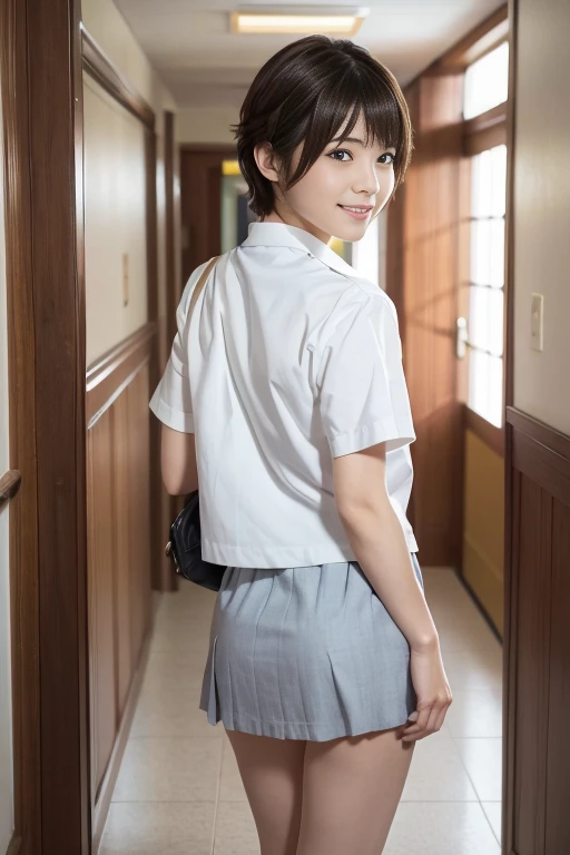 ((High school girl sitting at a table in the classroom))、The background is the classroom window.、Navy Blue Blazer、(White blouse)、((Large bust : D Cup))、(((White blouseのボタンをはずしてオッパイを見せる)))、Red bow tie、((Dark blue checked skirt))、8K,、Ultra-high resolution、Detailed Description、photograph,、Tabletop、Highest quality、((Beautiful Eyes、Short bob cut girl、Straight brown hair、White skin,、Various poses、((Center of chest : 1.1))、Highest quality、Tabletop,、Ultra-high resolution,、(Realistic:1.4)、RAWphotograph、(Perfect figure)、 (slim:1.3)、slimな腹部、Perfect slim figure、Dynamic pose、alone、Cold Light 12000K、(Realistic skin)、 charm、Ultra-high resolution、 超Realistic、Very detailed、(The wind blows up my skirt)、(smile)、 (Realistic skin)、charm、Ultra-high resolution、超Realistic、Very detailed、(The wind blows up my skirt)、(Lift up the skirt)、(White panties are visible)、(smile)、Cowboy Shot、((From behind)),
