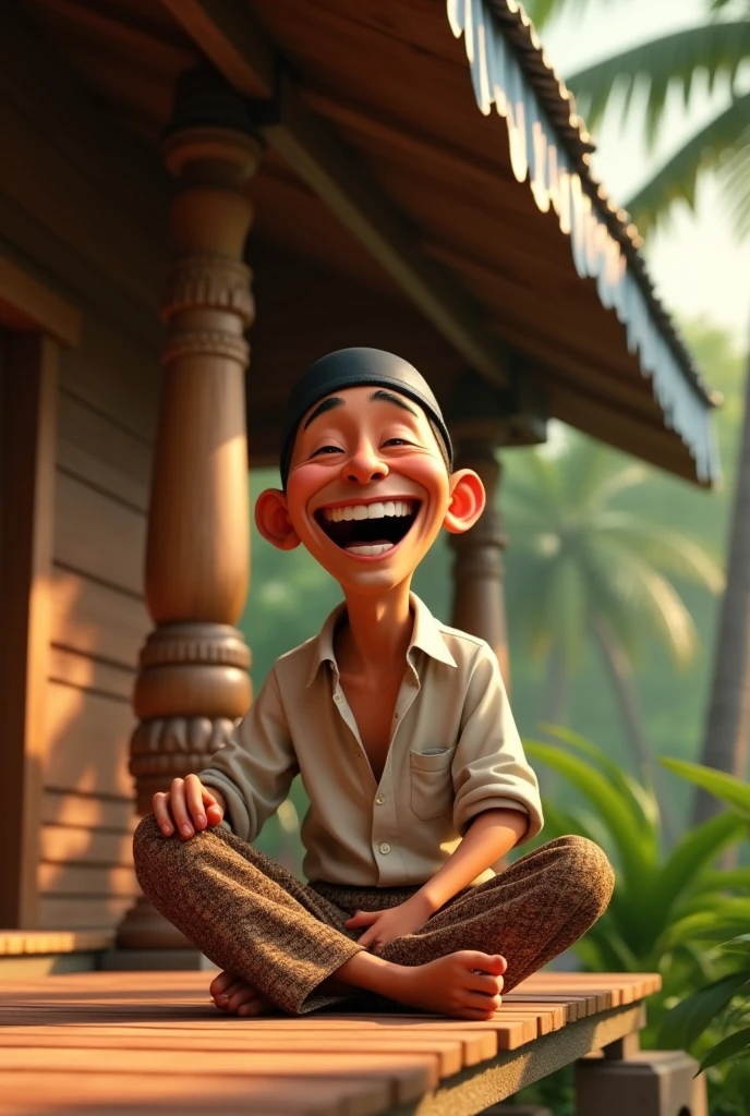 Realistic caricature of an Indonesian man wearing a black cap, handsome and clean face, smiling and looking content, wearing a white t-shirt with the name 'DOEL' embroidered on it, wearing patterned white batik trousers, leather sandals, sitting relaxed on a wooden bench while holding a glass of hot black coffee with white steam and a plate of traditional Indonesian snacks, wearing a bracelet from bahar roots, wearing a ring with a Persian turquoise gemstone on his ring finger, 3D character, Disney Pixar style, with a background of traditional Javanese joglo buildings and a traditional Javanese musical instrument.
