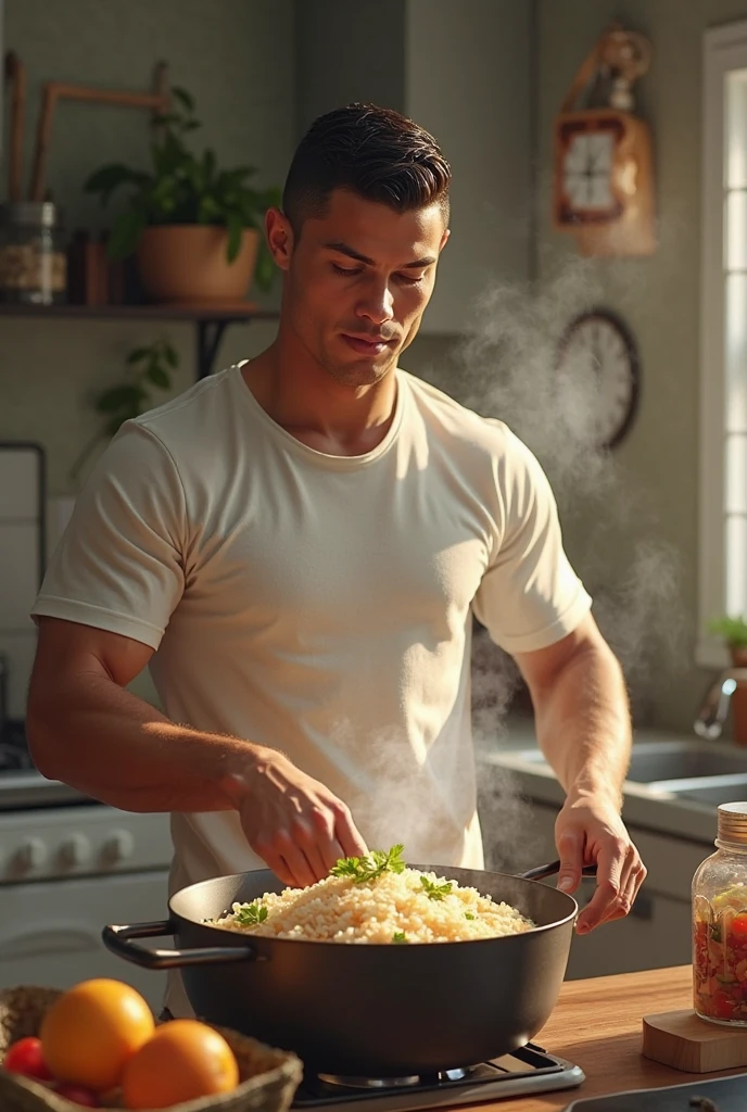 Real image of a latin model man with short black hair athletic body, short beard, cooking in the kitchen, window light.