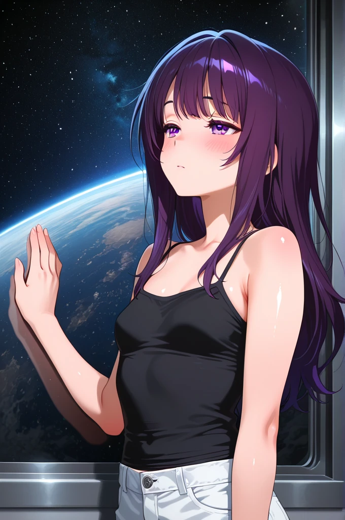 (high quality,Very detailed:1.37, High resolution), Woman, (mature:2.0), (Sakaki Yumiko:1.5), (very long hair:1.5), (dark purple hair:2.5), purple eyes, large breasts, military uniform, pants, (wetting herself:1.5), standing, (arms crossed:1.5), (embarrassed:1.5), (humiliation:1.5), (constricted pupils:1.5), (sweating:1.5), shaking, (trembling:1.5), (blushing:1.5), Meticulous details, (extremely detailed eys:1.37), space station, interior, science fiction, futuristic