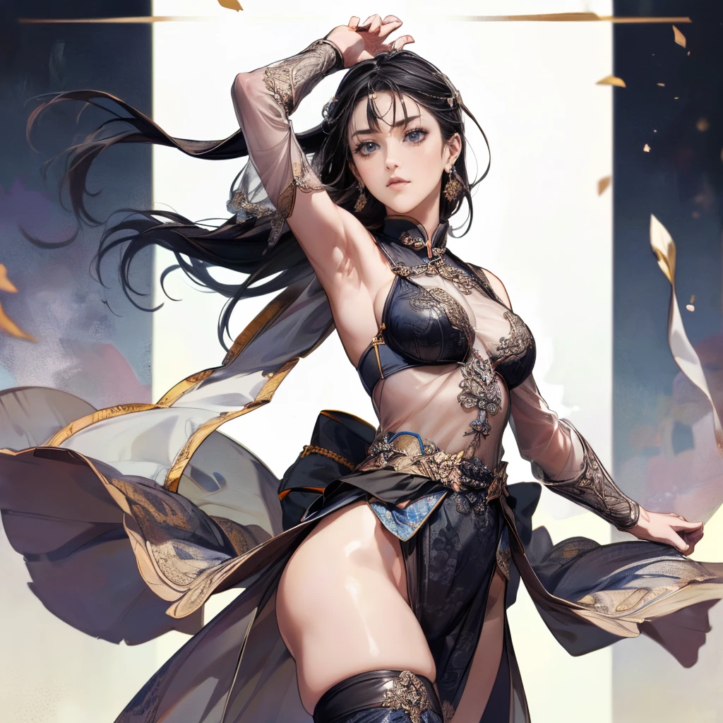 ((Finest quality)),(超A high resolution),(ultra-detailliert),(Meticulous portrayal),((Best Anime)),(Finest works of art),(Ultra-Precision Art),(The art of astounding depiction,Overwhelming depiction:1.5),(intricate and detailed art:1.6), (1 adult female:1.5),(wrapping silk curtains around the body:1.8),((Sheer skin:1.8)),Light makeup:1.5,perfectly proportions:1.5,lustrous dark hair:1.5,A slight smil,beauty legs:1.4