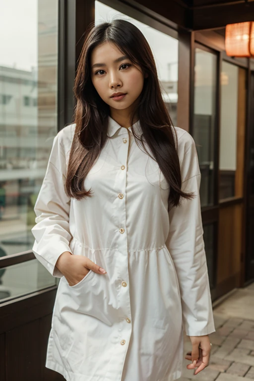 Create a realistic image of a young girl with brown hair and fair skin. The girl has long flowing hair and expressive green eyes.. She is wearing a black coat and a white cotton shirt, standing against the backdrop of a May cityscape with green streets and buildings. The overall appearance should convey the warm season and the atmosphere of a city street, with an emphasis on the natural beauty and calm expression of the girl’s face.