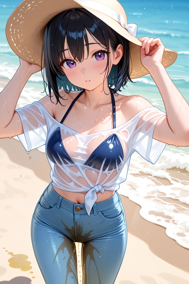 masutepiece, Best Quality, Photorealsitic, finely detail, hight resolution, 8K Wallpapers, Perfect dynamic composition, Beautiful detailed eyes, Medium Hair, large full breasts, Random and sexy poses,Bring your chest together、(Open Chest Mock Neck Crop Tank Top White Knitwear、Cleavage looks realistic)、(Breast bulge 1.2)、A smile、open open mouth、Resort scenery、25-years old、(Drooping eyes 1.4)、Adult beauty、japanes、Show the armpits、raise arms、
