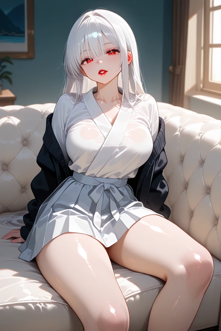 There a woman lying on the bed,Very big, 2b, 2b, perfect White hair girl, anime girl, posture, very posture, 蹲着anime girl, Beautiful anime girl squatting, Surreal schoolgirl, Fair and shiny skin, a Surreal schoolgirl, Fair, smooth and translucent skin, White hair