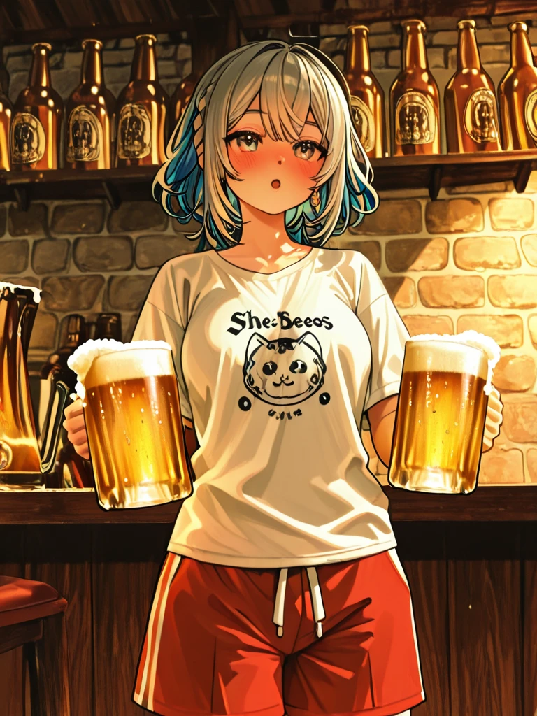 Dark skin milf,White hair,Cat's ears, wearing a regatta shirt ,wearing gym shorts, Drinking beer 