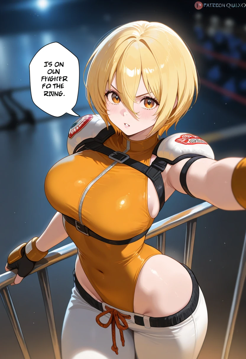 ((Best Quality)), ((masutepiece)), 1girl in,Detailed details,Blonde hair,tight white pants,huge tit,short-hair,Halo,thick nipples