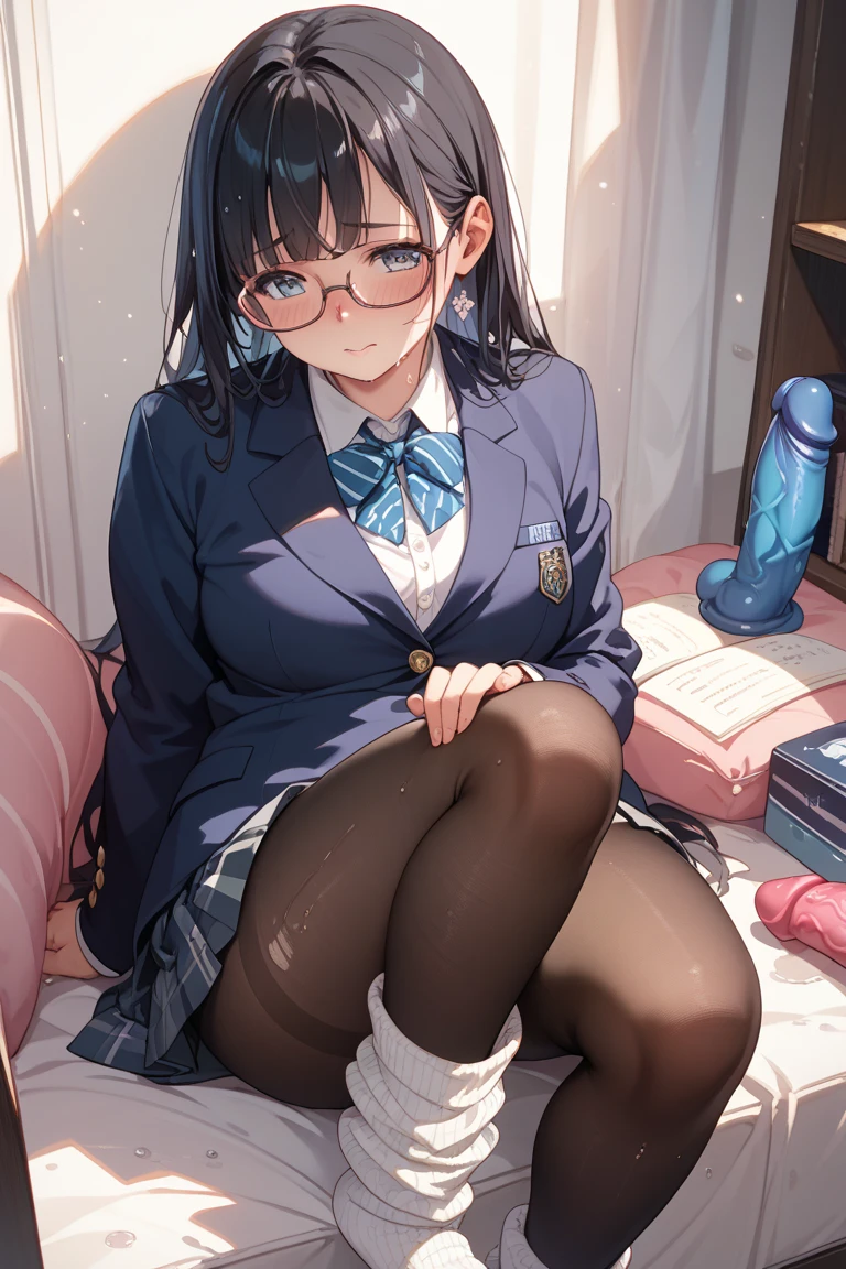 from below, spread legs, sailor uniform, bare breasts, Plump woman, sweat, huge tit, glasses, thong, hairband, garter belt, UHD, masterpiece, anatomically correct, textured skin, super detail, high quality,pink kawaii room , pink gothic room, messy room, Candy, heart item, ribbon,star item, small window, (Miscellaneous goods are placed in a mess:1.3),dresser, antimacassar ,