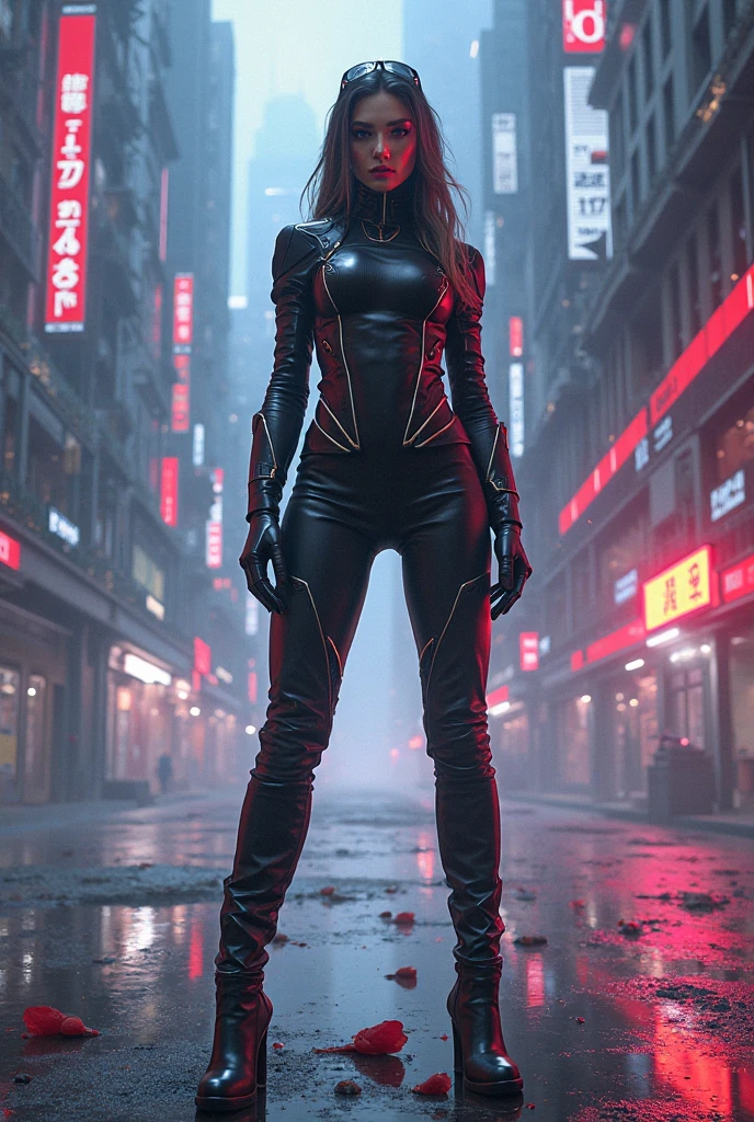 (((best quality))), (((masterpiece))), solo, super fine photo, full body picture Unreal Engine 5 8K UHD, beautiful woman, curvy woman, face detailed, wearing skin tight latex catsuit with gold lace, latex collar, latex gloves, latex long socks with straps, arm and leg cuffs, unified 8k wallpaper, hyper detailed, sharp focus, walking in the futuristic city.