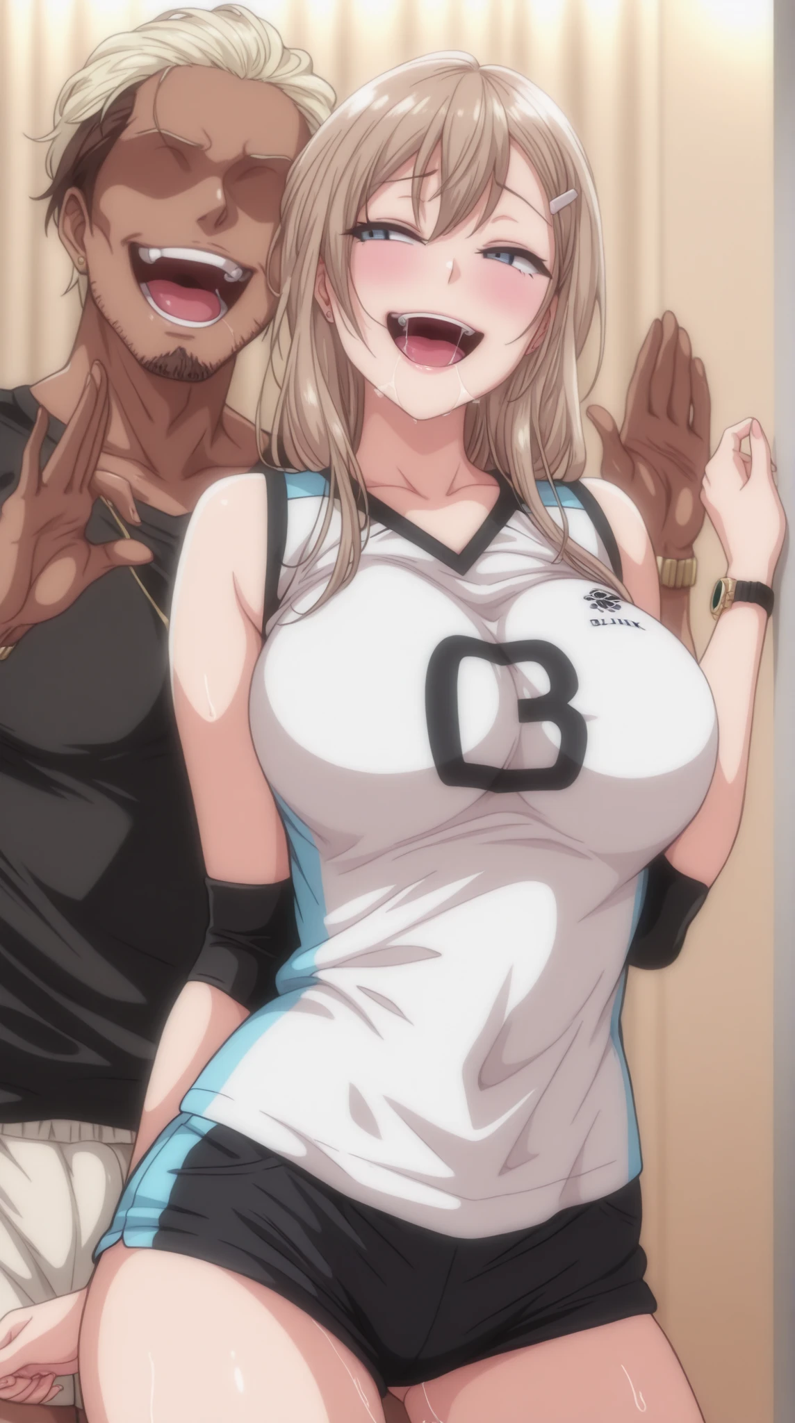 Top quality 4K Highest quality Kitagawa Marin Beautiful blonde hair A strong black man is behind Marin A strong black penis The black man is rubbing her breasts from behind Marin and two black men The black man has his penis between Marin&#39;s legs Heavy gal make-up Beautiful blonde hair with pink ends Beautiful straight hair down to her shoulders A slutty, slutty woman Completely naked Marin is wearing nothing Bukkake Whore Prostitute In heat Surrounded by lots of penises Beautiful breasts Dirty tattoos all over her body Dirty heart tattoo around her crotch A lot of semen from her crotch Marin is the man&#39;s pet A sex slave A human toilet A submissive slave with a collar The man shows off his penis Beautiful pink nipples Marin is seduced by a strong black man Marin has a penis forced all over her body
