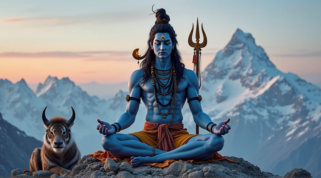 a man (fit big body ,blue body, head's eye,goddess cloth , background big om latter lite,near stand trident, background om latter)sitting on mountain flight shiva, lord shiva, god shiva the destroyer, hinduism, hindu gods, neck around snake , devainart, by Max Dauthendey, shakti, beautiful depiction, goddess art, inspired by Kailash Chandra Meher, hindu art, hindu god, nirvana, vish ,devi Parvati and bhagavan shiv shankar (hindu)
,dark maditation position
