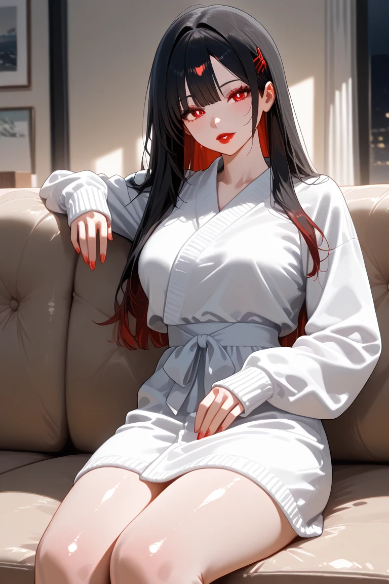 (Night:1.7), palms, pine_tree,sky,snow, snowing,tower, town, tree,
sitting at attention,sitting on couch,
pink turtleneck black capelet white shirt jewelry white sleeves long sleeves navel cutout black skirt pink frills,
bbyorf, short hair with long locks, white hairband, red eyes, gold earrings, 
1 girl, 20yo,mature female,Beautiful Finger,Beautiful long legs,Beautiful body,Beautiful Nose,Beautiful character design, perfect eyes, perfect face,
looking at viewer, (innocent_big_eyes:1.0),(expressionless:1.3),
NSFW,official art,extremely detailed CG unity 8k wallpaper, perfect lighting,Colorful, Bright_Front_face_Lighting,
(masterpiece:1.0),(best_quality:1.0), ultra high res,4K,ultra-detailed,
photography, 8K, HDR, highres, absurdres:1.2, Kodak portra 400, film grain, blurry background, bokeh:1.2, lens flare, (vibrant_color:1.2)
(Beautiful,medium_Breasts:1.4), (beautiful_face:1.5),(narrow_waist),
