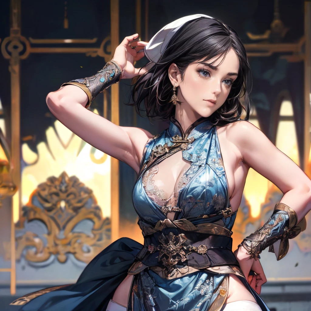 An ancient Chinese beauty, dancing, gorgeous costumes embroidered with complex embroidery, transparent long colored streamers tied on her arms, elegant, exposed belly button, bare shoulders, exposed neck, wreath, black hair bun and flower hairpin headband, Armbands are tied with ribbons, bracelets, anklets, metal chain tassels around the waist, Mogao Grottoes art, inspiration from Dunhuang Flying Apsaras murals, ink wash, cgstation pop --v 6