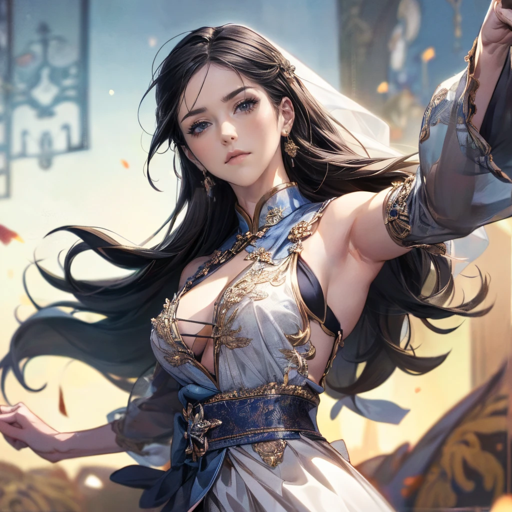 Best quality,masterpiece,ultra high res,(photorealistic:1.4),xiuxian,weapon,Detailed face, 1girl,solo,weapon,cleavage,(magic circle:1.2),xiuxian,upper body,Beautiful girl,full body,huge breasts,east asian architecture,sheath,architecture,