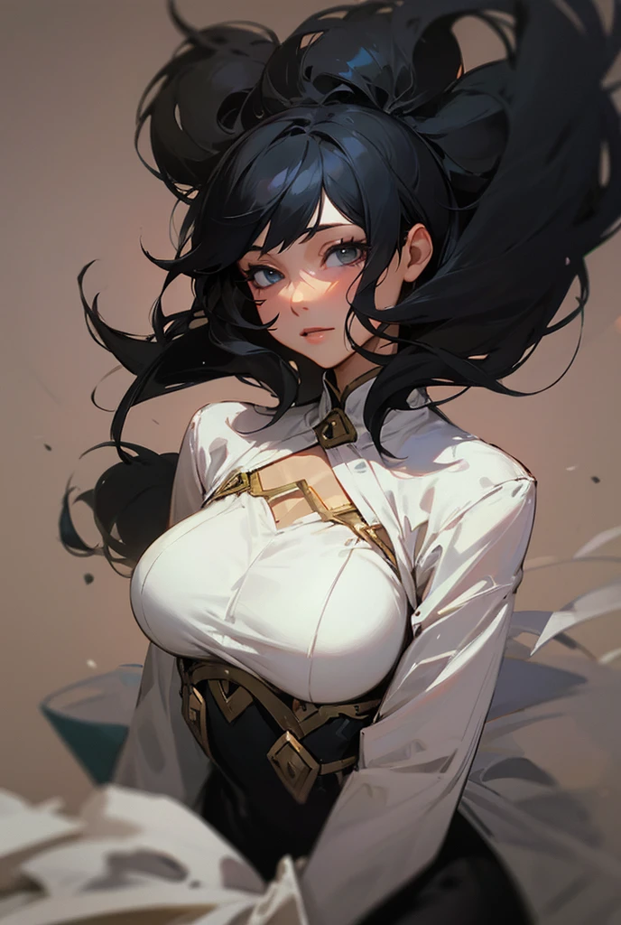 1 girl, bangs, black hair, black stockings, knee-highs, long hair, medium breasts, eyebrow, nose, ear, mouth, lips, reclining, standing, tights, ((women's clothing)), ((long sleeve blouse , short shorts, tight pantyhose)), thick legs, thick thighs, (white background)