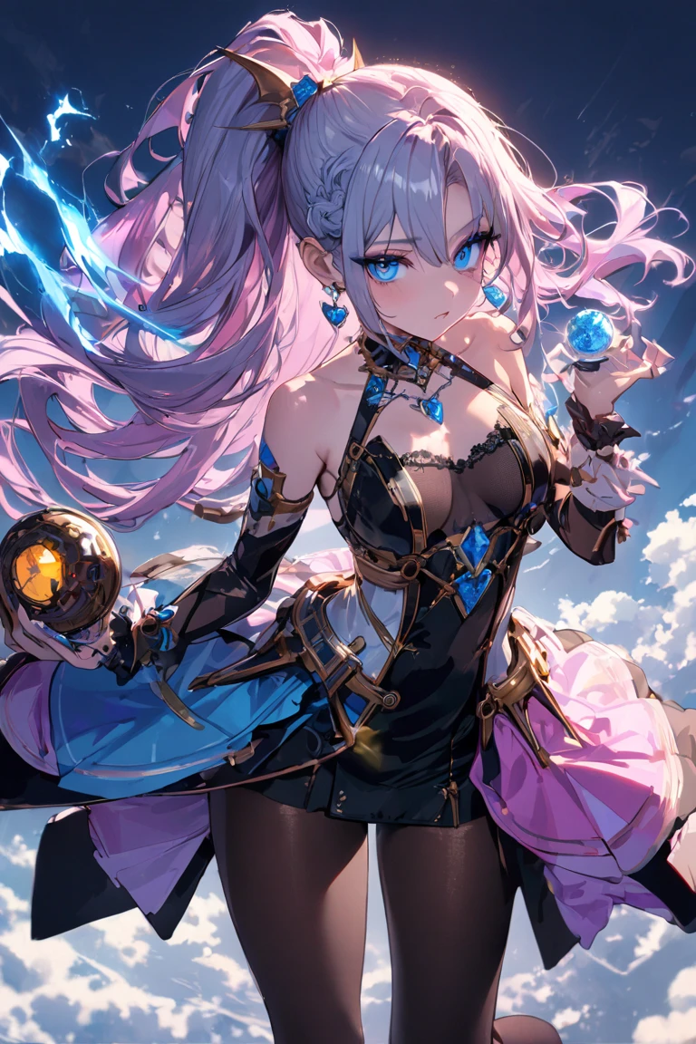 (1 Mature Alchemist,Age 35), ((Pub,guild)),(smile),Dynamic pose,Dynamic Angle,Pose for a photo,From below,Elderly woman、Trading Card Game Frames、Highest Rare、Five Fingers、Signature mark、Big Butt、Pink Hair、Alchemist、Spell Card