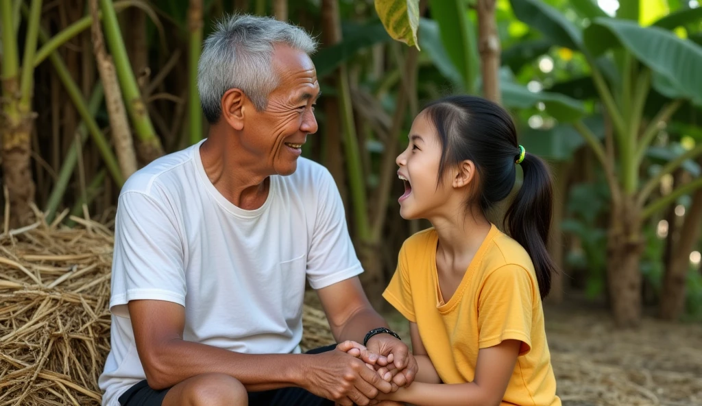 (Photorealism 1.2) high detailed definition cinematic cinematography  father 50 years old and 2 years daughter   sit at stairsfront of the old wood rusty house looking outside smile towards eachother morning mode malay Kampong background cats and chicken rooster