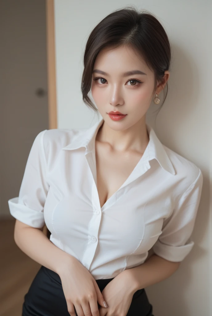 Realistic photos, Beautiful woman , short hair , Orange wallpaper , Watery eyes , Upper body only shot , Very large breasts , Upturned nipples ,Dark blue collared blouse , Eat rice with a bowl and chopsticks