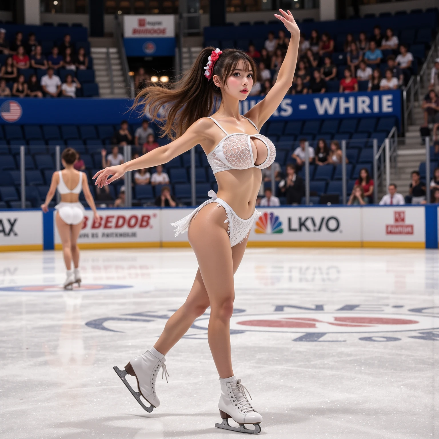 Highest quality, masterpiece, Very detailed, 8K, a beautiful Japanese woman:1.5, Small face, blunt bangs, Breast Augmentation Surgery, (Glamorous figure skating costumes:1.5, Figure Skating Boots), Very detailedな臭い脇の下、 Skating rink