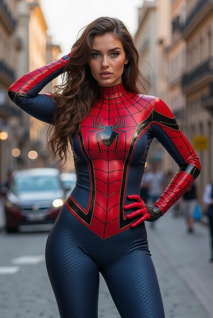(masterpiece), best quality, perfect face, 1girl, nsfw, medium shot, spiderman armor suit, MalaikaArora, <lora:MalaikaArora:1>