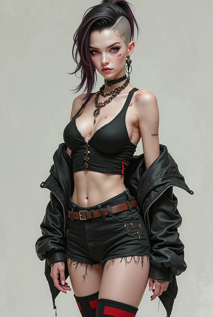 1girl, star eye, blush, perfect illumination, red hair, green eyes, unreal engine, sidelighting, detailed face, bangs, bright skin, simple background, dark background, full body, leather armor, midrif exposed, elf ears, scantily clad, tattoo on side of stomach, thigh high, medium shorts, happy, 2 daggers, jacket,