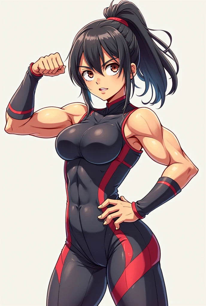best quality,high resolution,((fighter)),(((muscle))),clothed,((tan)),tall,ponytail、Black Hair