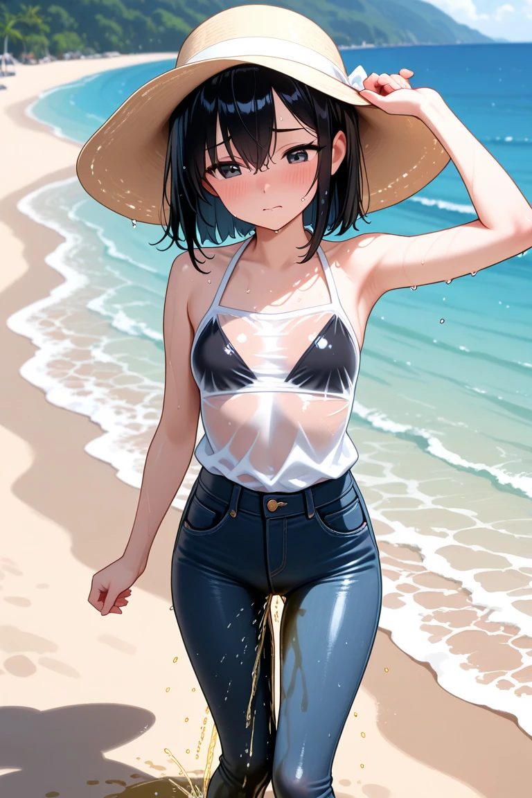 Masterpiece, beautiful slender girl, beach, unzipped shorts, pussy peek, pussy, no panties, sweat, sweatdrop, wet clothes, t-shirt, midriff, pussy juice, happy, blushing, bare legs, slim, full body, barefoot, embarrassed, thigh strap, standing, small breasts, erect nipples, peeing, pee, pee puddle