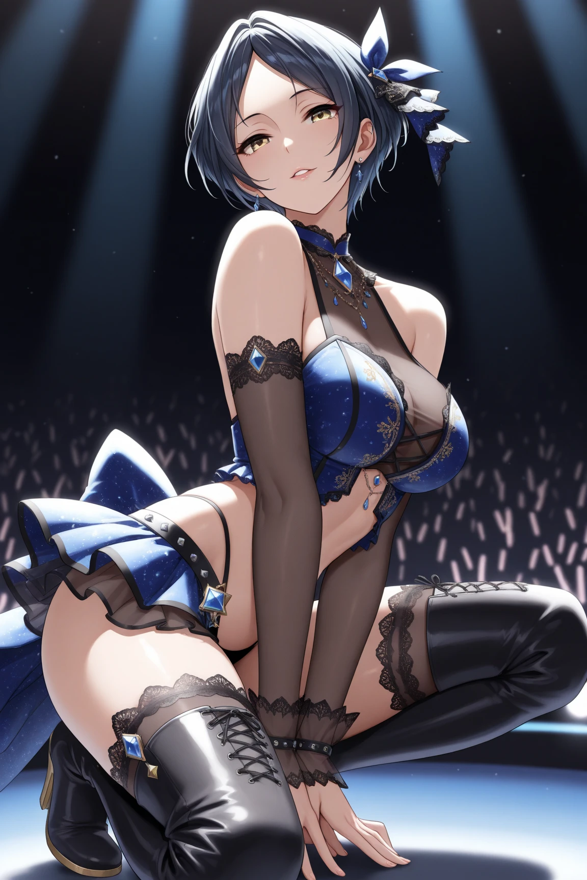 Intricate details: "((a sexy animated lady poses in revealing translucent clothes while in fire-lit fantasy setting, firm breasts, 1girl 18 years old, 100% see through all clothes, animal ears, short hair, see through panties, flat stomach, black panties, 100% see through all underwear, cat ears, looking at viewer, thighhighs, cleavage, corset, blue hair, string panties, 70% nude, random low angle))"