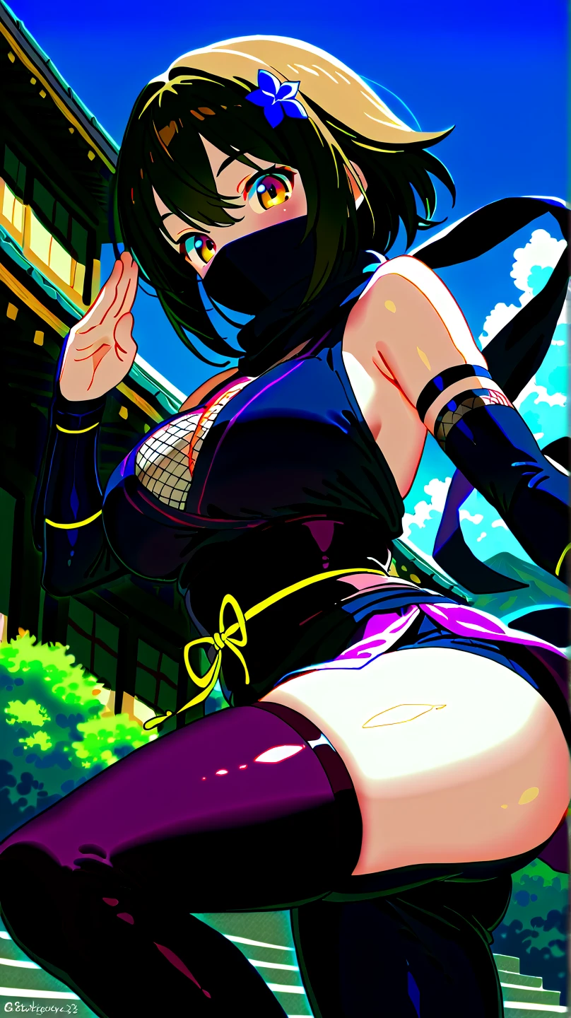 masterpiece, best quality, beautiful art, high resolution, well formed hands, body and fingers, 1 woman, solo, Minamoto no raikou, adult, grown up, big breasted, cleavage, full body, wearing a Iroha Samurai Shodown outfit, hair ornament, gorgeous legs and thighs, black stockings, maid, sexy Japanese clothes, pelvic curtain, leotard peeking, dancing seductively and erotically, turning backwards and forwards , showing her back and front, showing her butt, t back, smiling joyfully, looking at the viewer, flirting, beach environment , biting her lips