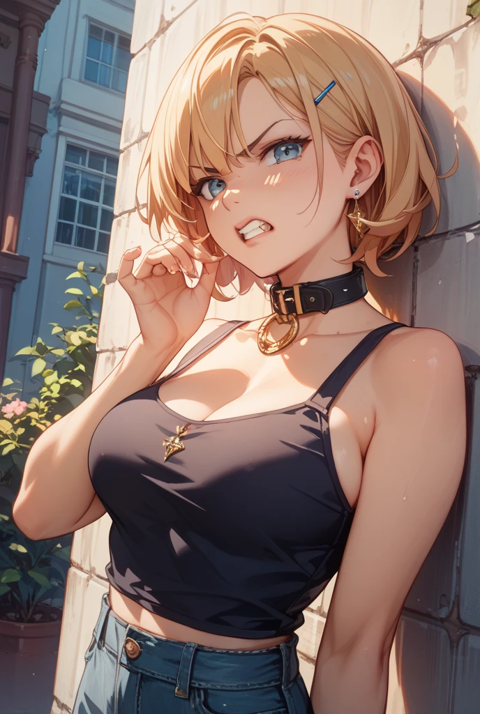 nsfw:1.6, Top quality, masterpiece, ultra high resolution, , (top quality, high resolution, 4K, detailed lighting, shaders, perfect anatomy, perfect proportions), eye of the beholder, (masterpiece, top quality) (top quality, 4K, 8K, high resolution, masterpiece: 1.2), highly detailed, (masterpiece: 1.3, top quality, ultra high resolution, ultra detailed), (top quality: 1.2), perfect eyes, perfect face, perfect lighting, (top quality, 4K, 8K, high resolution, masterpiece: 1.2), highly detailed, (top quality, 4K, 8K, high resolution, masterpiece: 1.5), highly detailed, masterpiece, top quality, ultra detailed, top quality, high resolution, 32K CG, very delicate and beautiful, illustration, high resolution, sharp focus, front lighting, glow, girl 1 person, solo, smiling, very beautiful and detailed anime face, very detailed eyes, ((masterpiece)), ((best quality)), (super detailed), ((cute)), cute, ((very detailed)), 4K, (8K), best quality, (best quality, 8K, 32k, masterpiece, super high resolution, very detailed, impressionistic:1.2), blurred background, (((two arms))) , (((two foot))), ((((four fingers and 1 thumb)))), Best quality , ((only one naval)),
(Scandinavian beauty). (Beautiful face: 1.2). (Cute). (Shiny blonde hair). (Chignon: 1.6). (Bangs swept to the side, showing forehead: 1.4). (Beautiful turquoise eyes). Tensed face: 1.8. Profile: 1.4. (Arms crossed: 2.0). (Topless: 1.8). (Black hot pants: 1.0). (Black work cap: 2). (Black combat vest: 1.8). (Black leg and arm belts: 1.7). (Combat boots: 1.7). (Holding a revolver handgun: 2.2). (Crouching on one knee: 2.2). (Breasts and nipples uncovered: 1.8). (Small pink areola and nipples: 1.6). (Big breasts: 1.8). (Full chest: 1.6). (Beautiful breasts: 1.6). (Thin waist). (Slender figure). (Realistic facial expression: 1.6). (Choker: 1.7). (Necklace: 1.4). (Operation: 1.8). (Wristband: 1.4). (Deep Scandinavian autumn forest: 1.6). (Realistic background: 0.5).