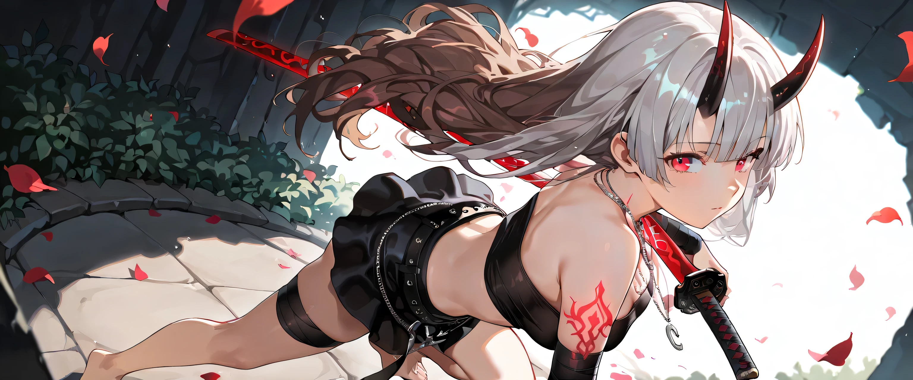 ((masterpiece, best quality, ultra detailed, high resolution, beautiful detailed face, beautiful detailed eyes, perfect hands, 4K)), (1 woman, solo), oni, one cute horn, (medium breasts), (girl with long hair, straight bangs, soft layers, neat around ears and nape, silver platinum hair), ( wearing a red twisted tube top that reveals her shoulders and midriff, paired with a stylish high-waisted red mini skirt with belt loop detail. She has long wavy chestnut brown hair flowing freely, parted in the middle. She is wearing a delicate silver necklace with a small pendant. Her pose is playful and confident, as if caught mid-dance), black bandaged_arm, black bandaged_leg, barefoot, red lace panties, standing , Hold a katana in one hand and a sheath in the other, legs apart, looking at viewer:1.3,eye-level and over-the-shoulder shots, high angle, A young woman is drawn in a 3/4 view, facing slightly to the right. Her left eye is fully visible, while the right one is partially hidden due to the angle of her head. Her nose bridges slightly out from the center, and the mouth follows the curve of the jawline, subtly indicating the perspective. a dark mysterious swamp filled with white spider lilies, ethereal mist floating above black water, glowing red petals, melancholic atmosphere, cinematic lighting, fantasy landscape, detailed environment, ornamental black lotus tattoo on mid chest,