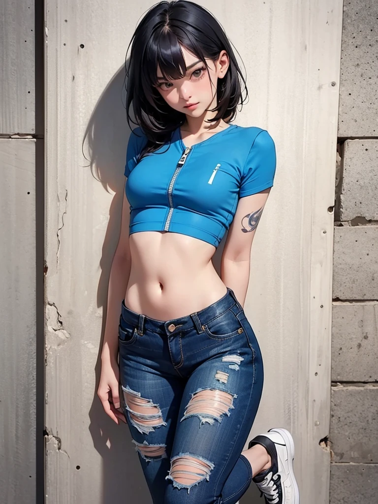 punk fashion girl、squatting with legs apart on the road、colorful tattoos all over the body、((piercing in navel:1.5))、Nipple piercing、Tube top on bare skin、denim shorts、torn denim、Wearing large, baggy boots、Tattoos on thighs、blue rose hair accessories、silver earrings in ears、black inner color hair