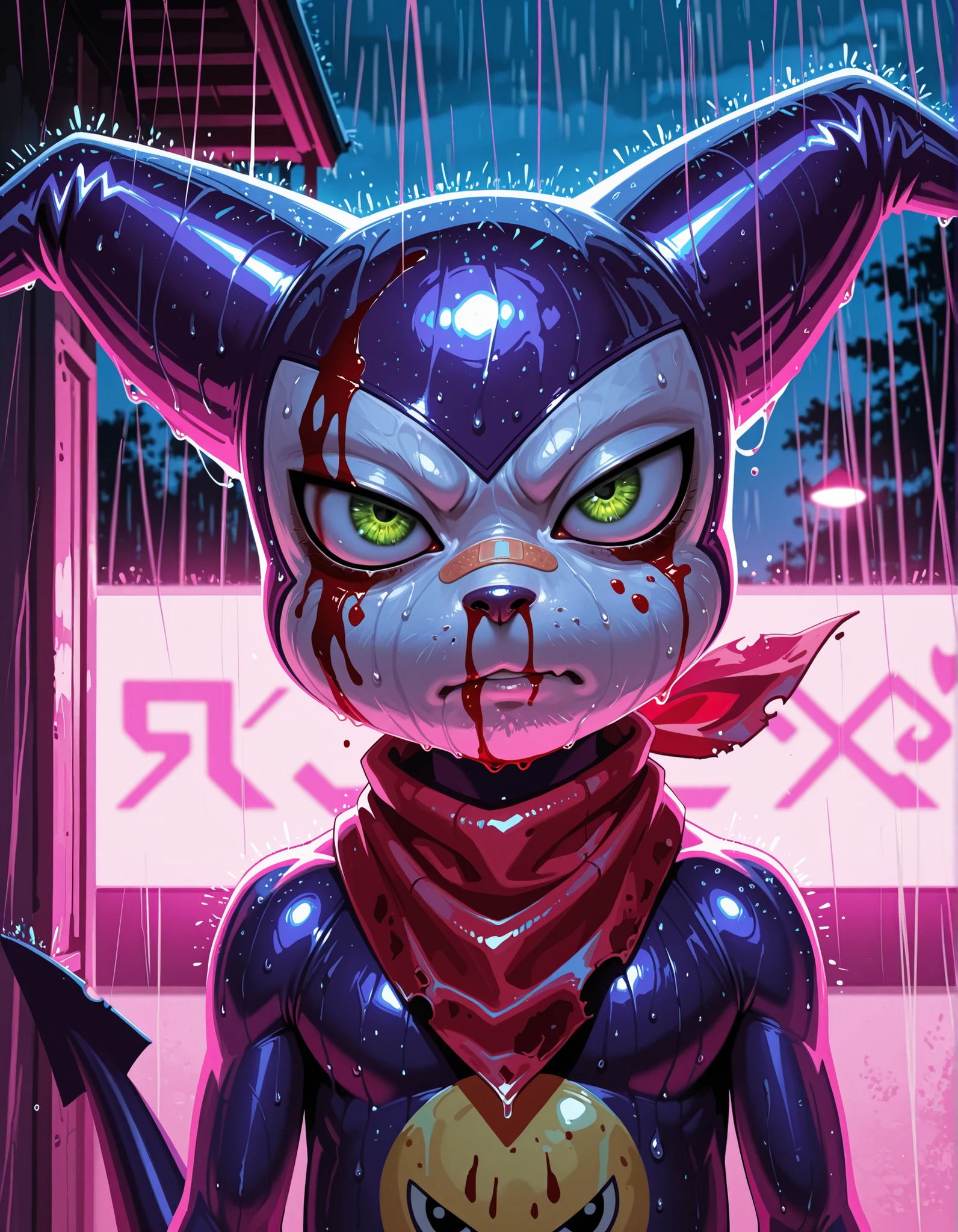 1boy, male, volumetric lighting, masterpiece, best quality, absurdres, newest, perfect quality, best quality, absolutely eye-catching, detailed background, intricate details, realistic,impmon, solo, purple skin, white skin, multicolored skin, tail, green eyes, digimon (creature), bandana around neck, dazed eyes, portrait, bandaid on nose, blurry background, pink lighting, night, dark, pink theme, blood on face, rain,