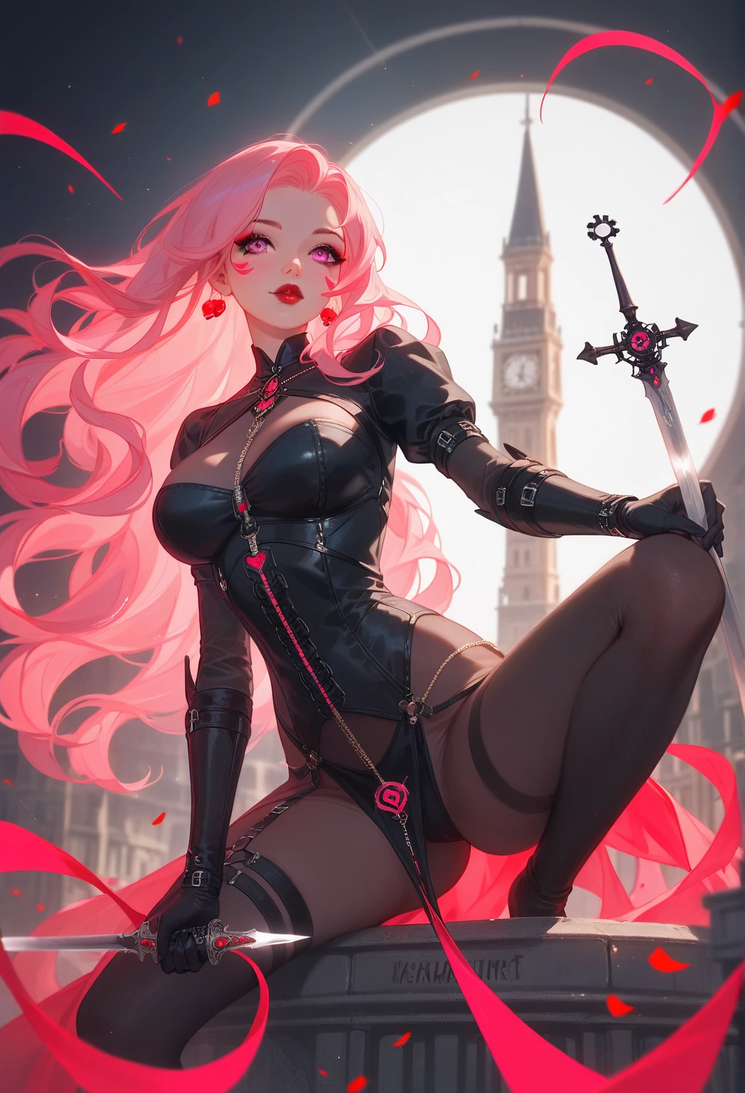 (Masterpiece: 1.5, best quality, high resolution: 1.3, super resolution, super detailed, ultra detailed: 1.3, rich background: 1.2, 1 woman)) pale skin + pink hair + long wavy hair + gray eyes + long eyelashes + long bangs + heart locks + reddish freckles on cheeks + feminine body + large chest + medium hips + blush on cheeks (intricate wetsuit, detailed high boots, harness, hip bag, long gloves, exposed skin of shoulders and belly, thick necklace, small round horns near the forehead red, long and thin collars, black round sunglasses) ((smile, extending her hand, pink smoke behind her, hearts, villain of hearts, attractive appearance) (colors for clothing: white, black, cream, red)