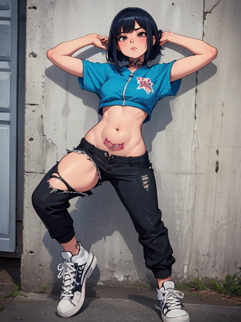 "Capture a full-body studio-style photo of a young punk rock girl with vibrant blue hair. Ensure the setting is realistic, showcasing urban elements like graffiti or a cityscape in the background. The girl should be dressed in edgy punk attire, with bold accessories and confident body language. The photo should be attention-grabbing, perfectly blending her rebellious style with the gritty urban environment, ready for an Instagram post that stands out. Beach setting lying on beach towel with the ocean in background