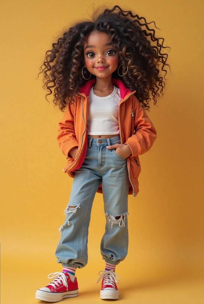 3D Portrait Realism Chibi Style of 9-Month-Old Afro-African LITTLE Girl ((Dark Brown Skin Color)) on City Street, with Happy Sitting, ((3D)), Cute Smile, ((With Flowers)), Wearing T-Shirt (((No Printing))), Orange and Jeans, Current Fashion Shoes, Mega Long Curly Hair, ((Kanekalon)), (Cinematic Contour Lighting), Close-up, Product Visualization, Detailed facial details, perfect face, sharpness, trendy art, sharp facial details, cgsociety, very high quality digital art, exquisite hyperdetail, 4k, 3D, 8k, chibi style, soft lighting, dreamer --ISO 100, fashion --air 2:3 -upscale - want more?join our official channel for unlimited creation --auto --s2