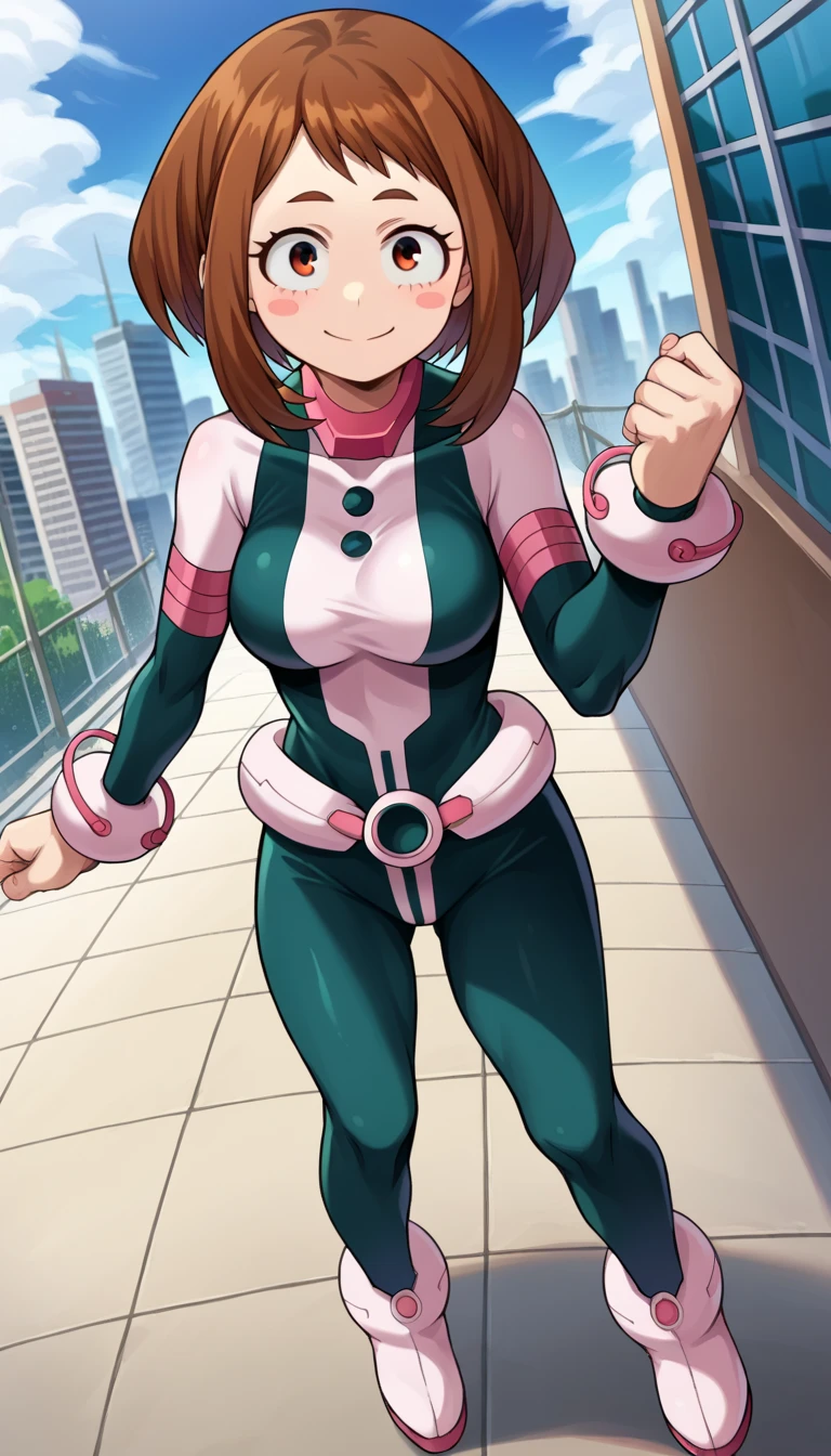 score_9, score_8_up, score_7_up, source_anime,
ochakouraraka, ochako uraraka, brown eyes, brown hair, short hair, blush, blush stickers, smile,
bodysuit, skin tight, superhero,
outdoors, cityscape,
looking at viewer, cowboy shot, dutch angle, full body, standing, idle
